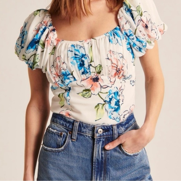 Abercrombie & Fitch Multi Colored Floral Puff Sleeve Crop Top Smocked Pleated XS - Picture 1 of 14